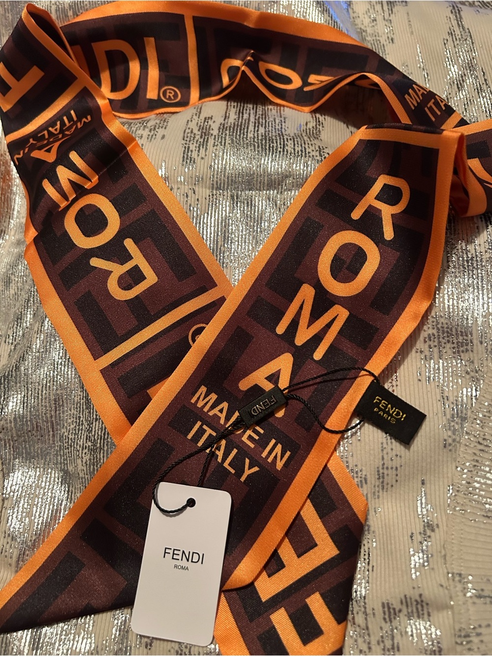 Fendi Women’s Orange & Brown 100% Silk Scarf - ROMA